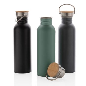 Moderne Edelstahl-Flasche mit Bambusdeckel 700ml inkl. Gravur