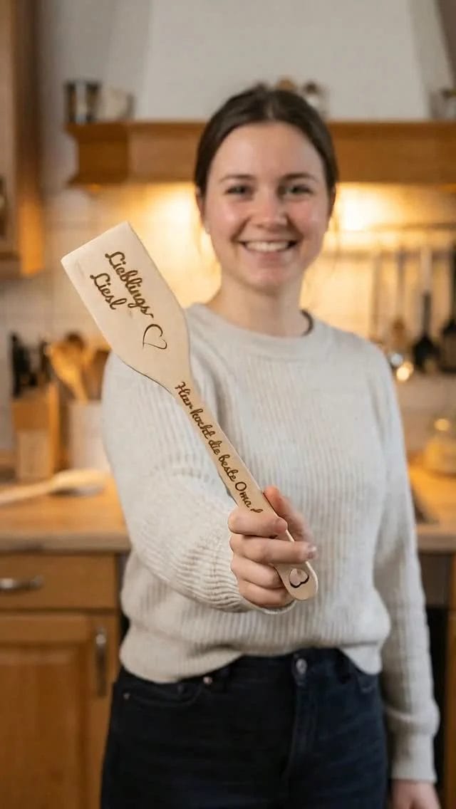 Pfannenwender und Kochlöffel aus Holz mit deiner Wunschgravur zum Verschenken oder auch als Werbegeschenke und Mitarbeitergeschenke. #Gravur #Personalisiert #Geschenkidee