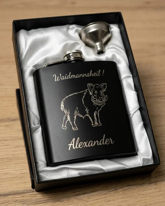 Der schwarze Flachmann mit Gravur ist das perfekte Geschenk für jeden Anlass. Jetzt mitz deinem Text, Symbol und Logo im Webshop gestalten. #geschenkidee #personalisiert